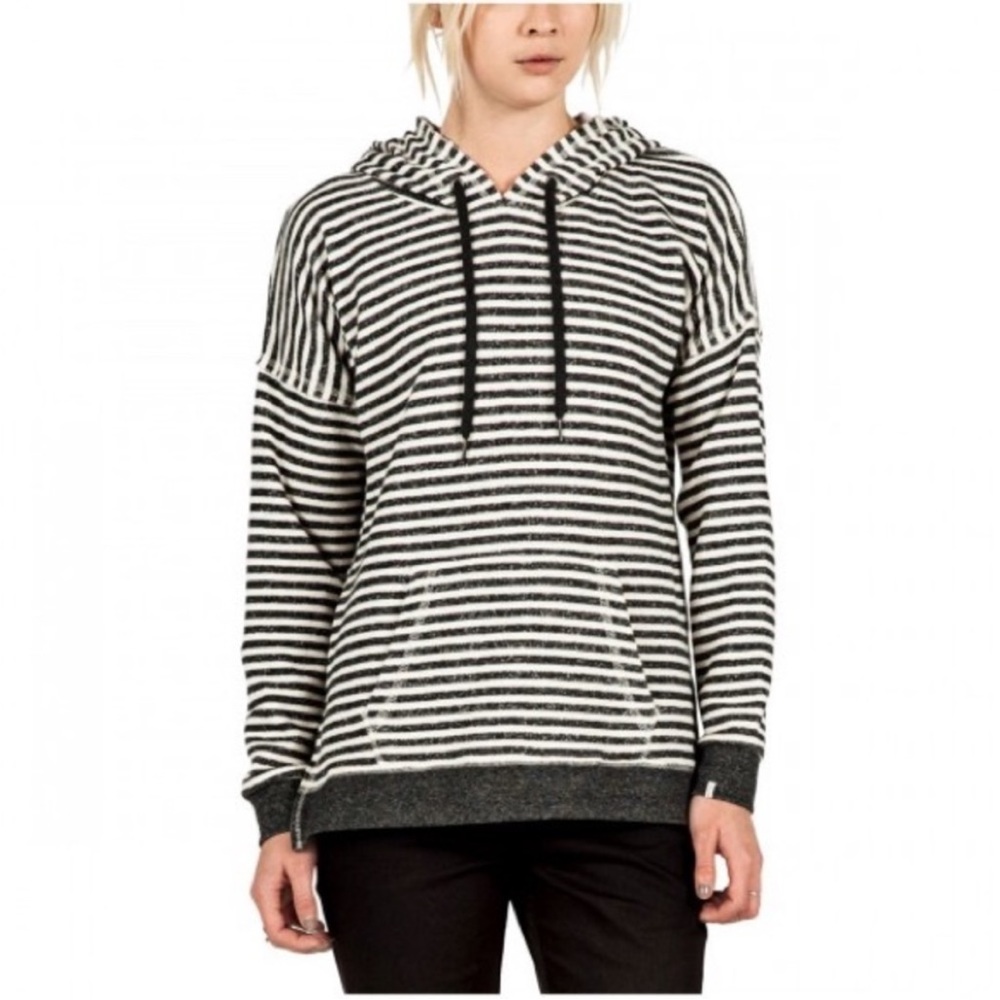 Volcom Hoodie Womens White Black Striped Pullover Long Sleeve with Pocket Size S
